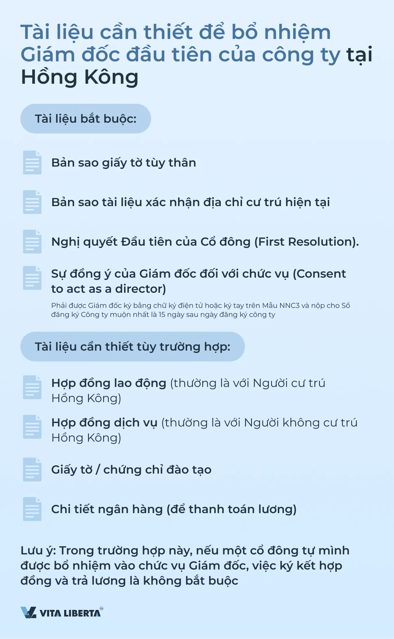Tài liệu cần thiết để bổ nhiệm Giám đốc đầu tiên của công ty tại Hồng Kông