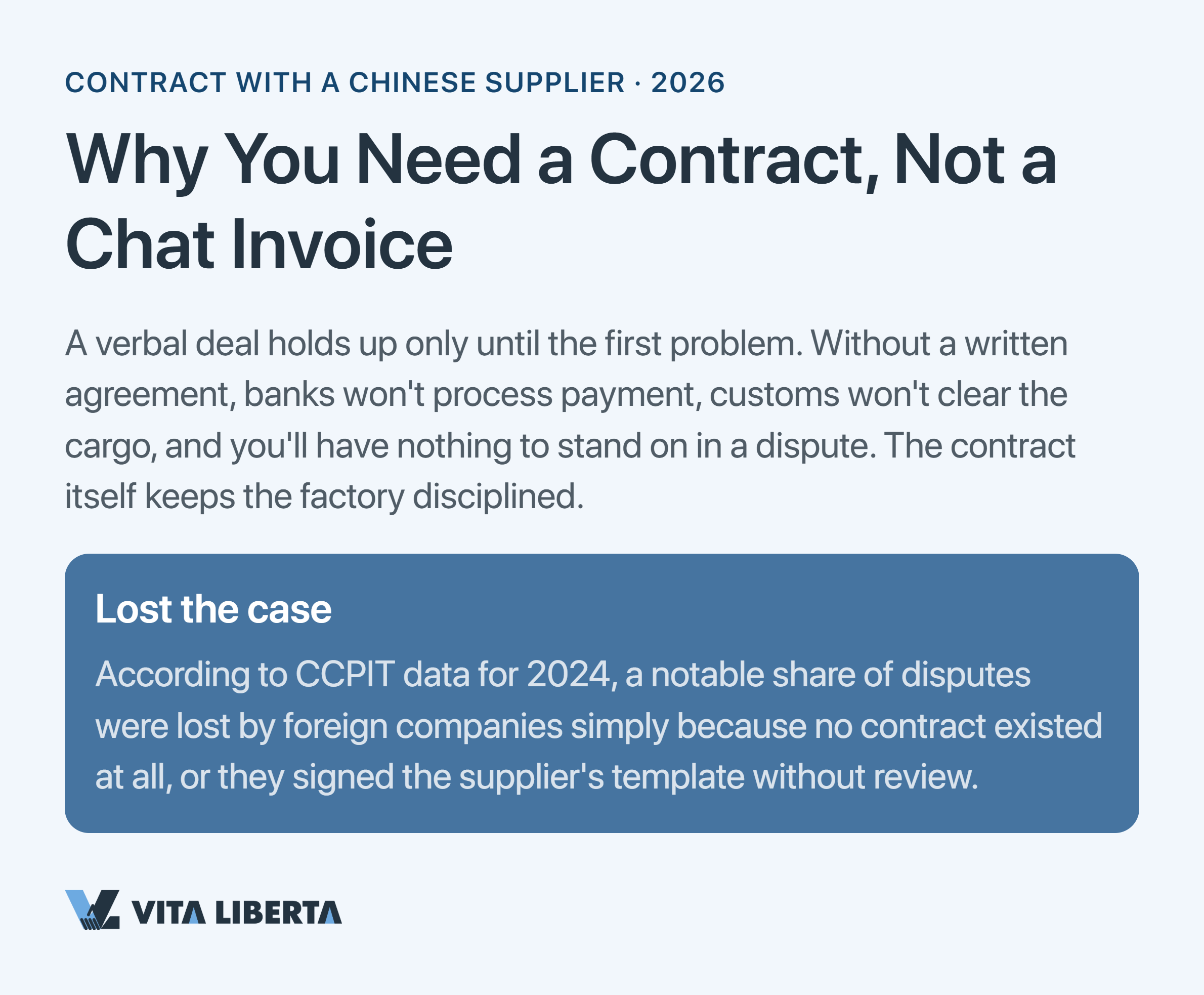 Importer reviewing key terms of a contract with a Chinese supplier: specification, Incoterms, arbitration