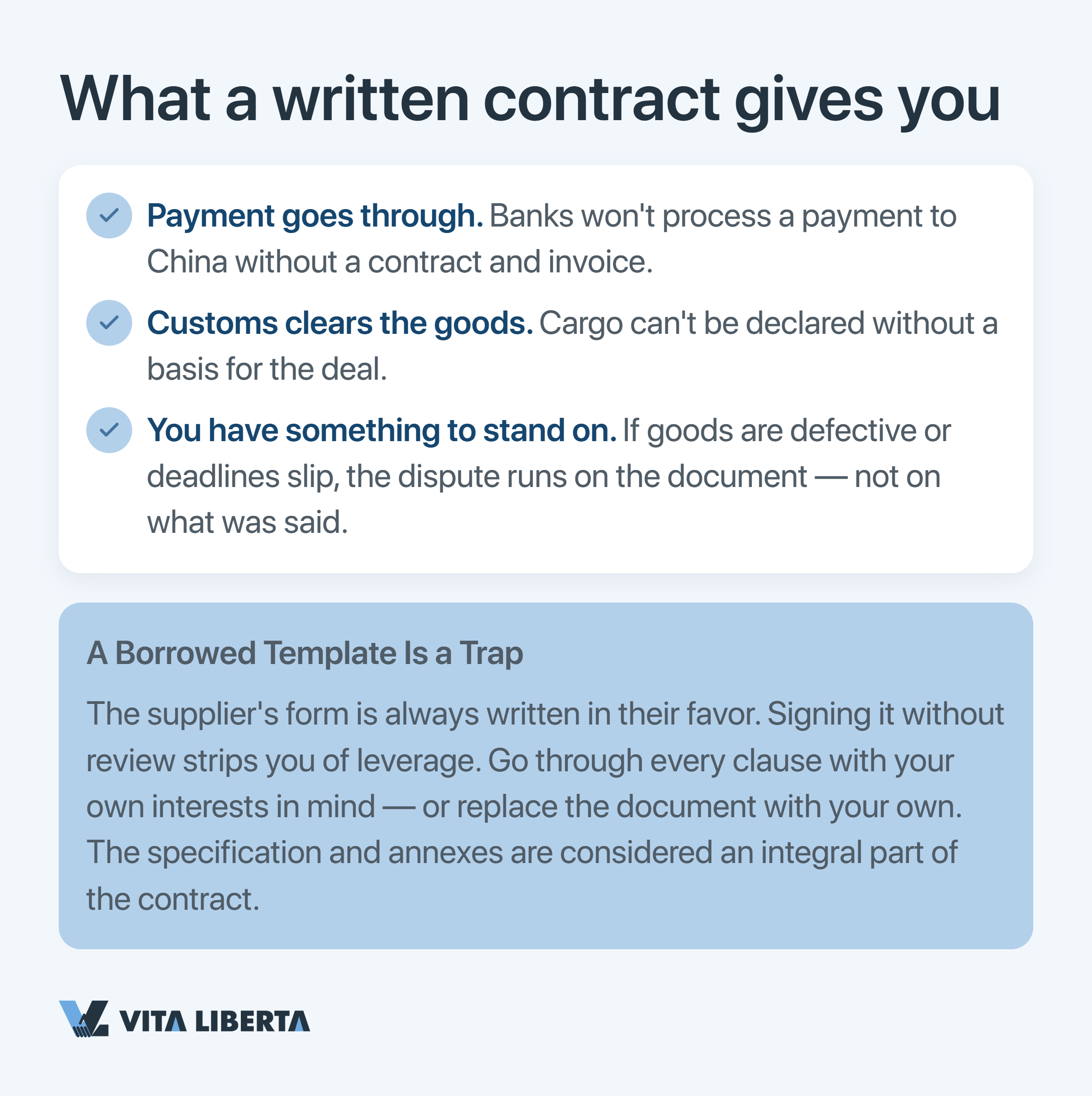 Importer reviewing key terms of a contract with a Chinese supplier: specification, Incoterms, arbitration