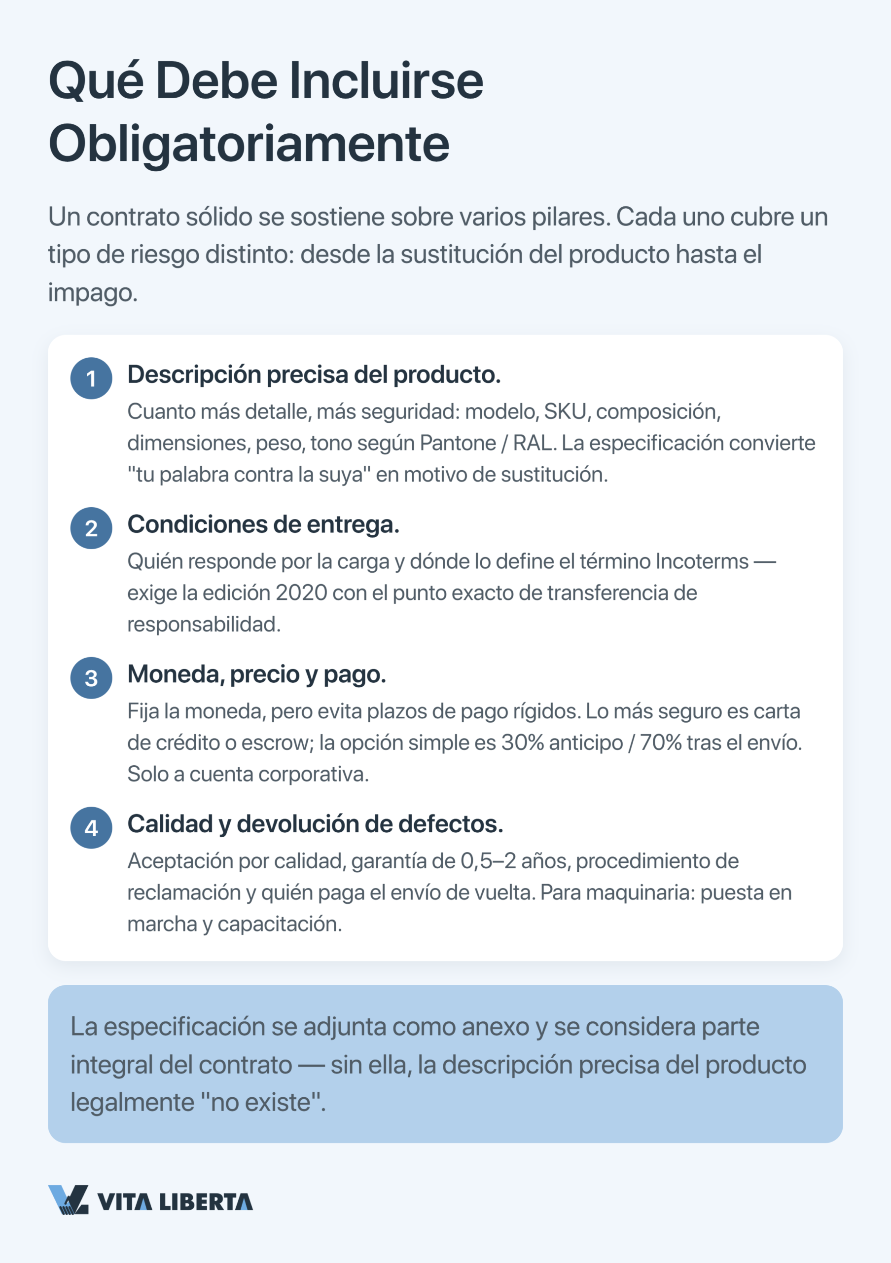 Importador revisando las cláusulas clave del contrato con un proveedor chino: especificación, Incoterms, arbitraje