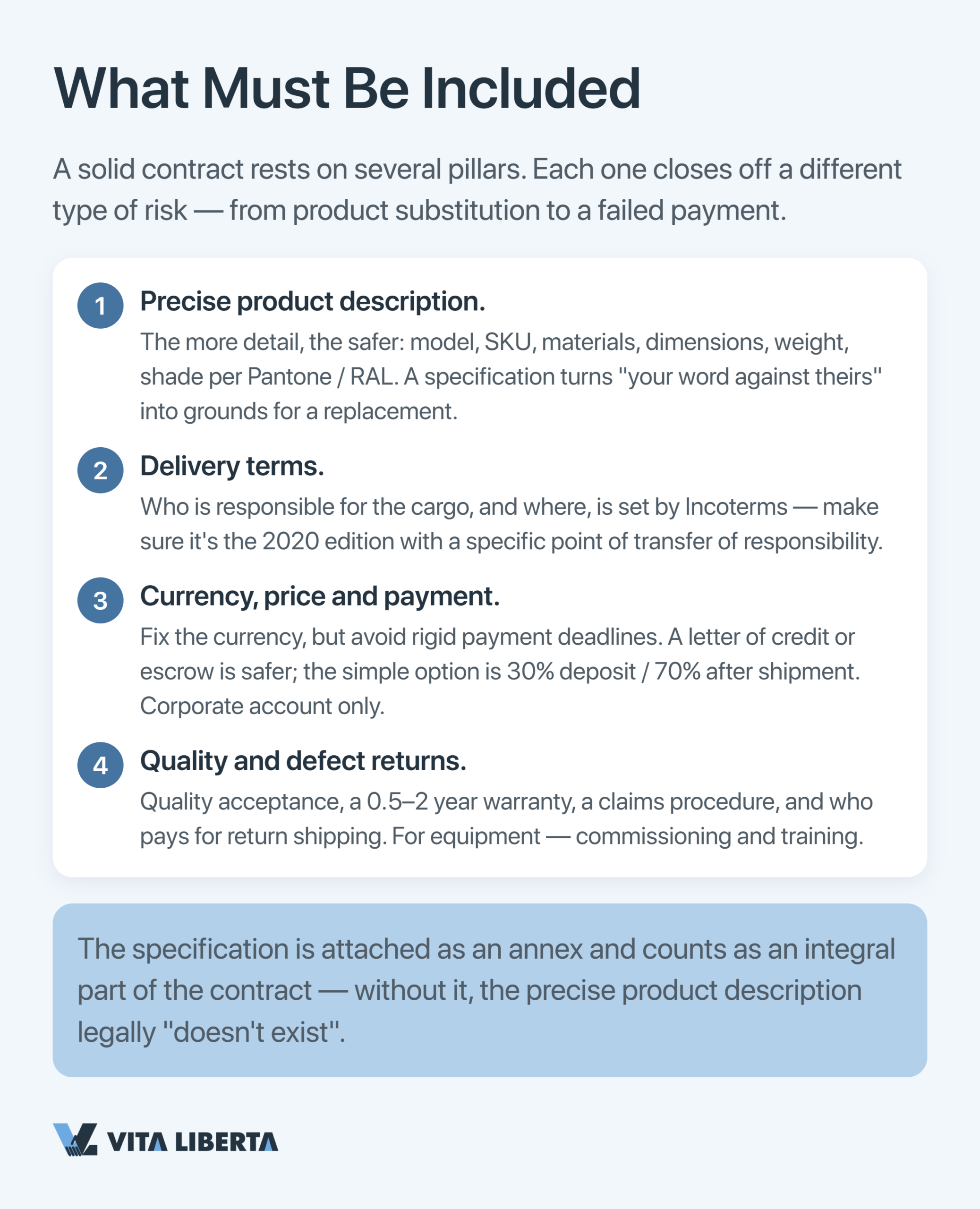 Importer reviewing key terms of a contract with a Chinese supplier: specification, Incoterms, arbitration