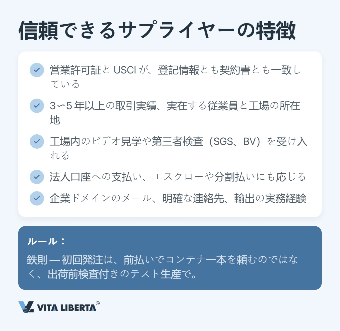 三層構造の信用調査:プラットフォーム絞り込み、登記書類、現地工場監査