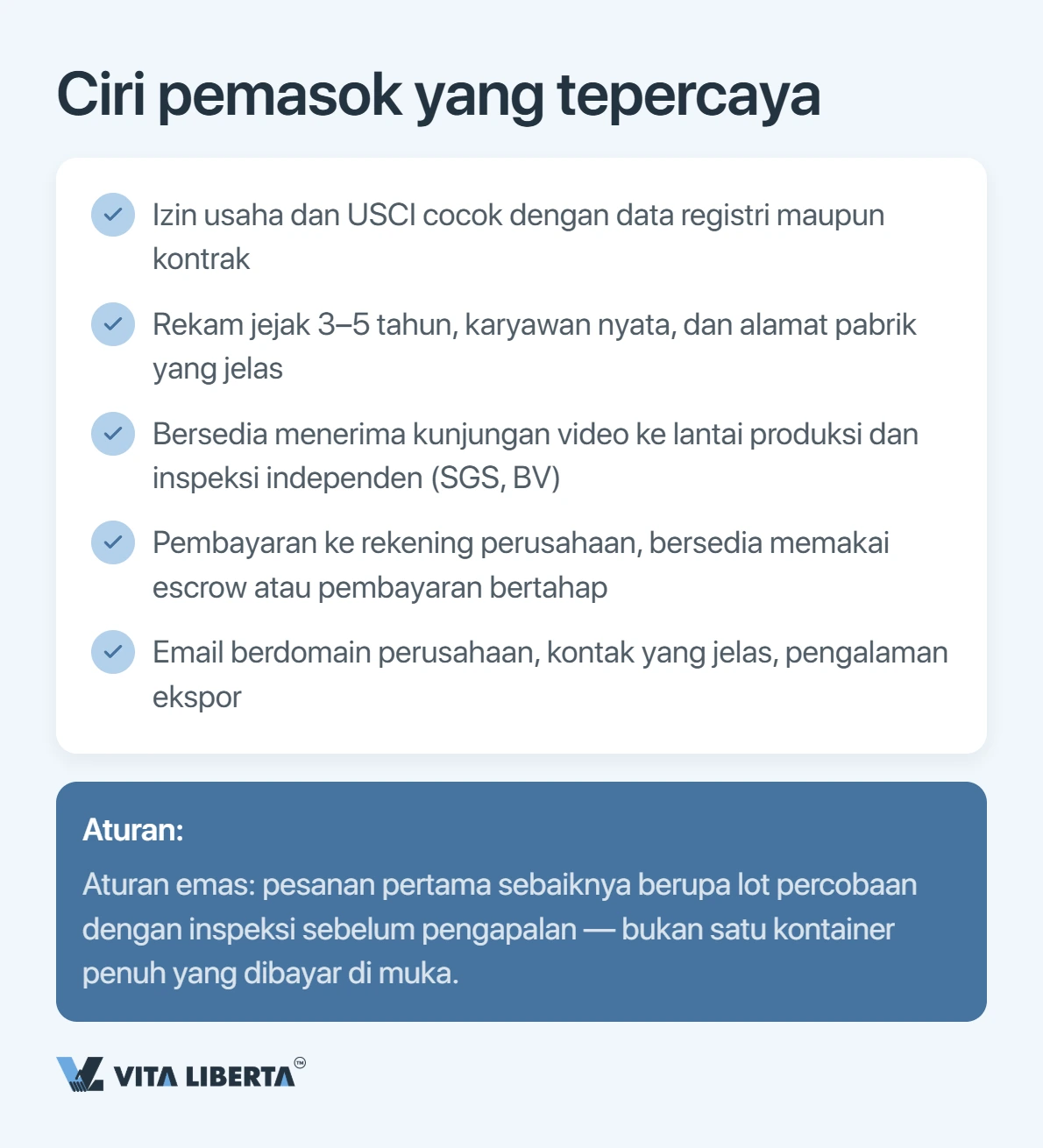 Verifikasi supplier tiga lapis: penyaringan marketplace, dokumen registrasi, audit pabrik di lokasi