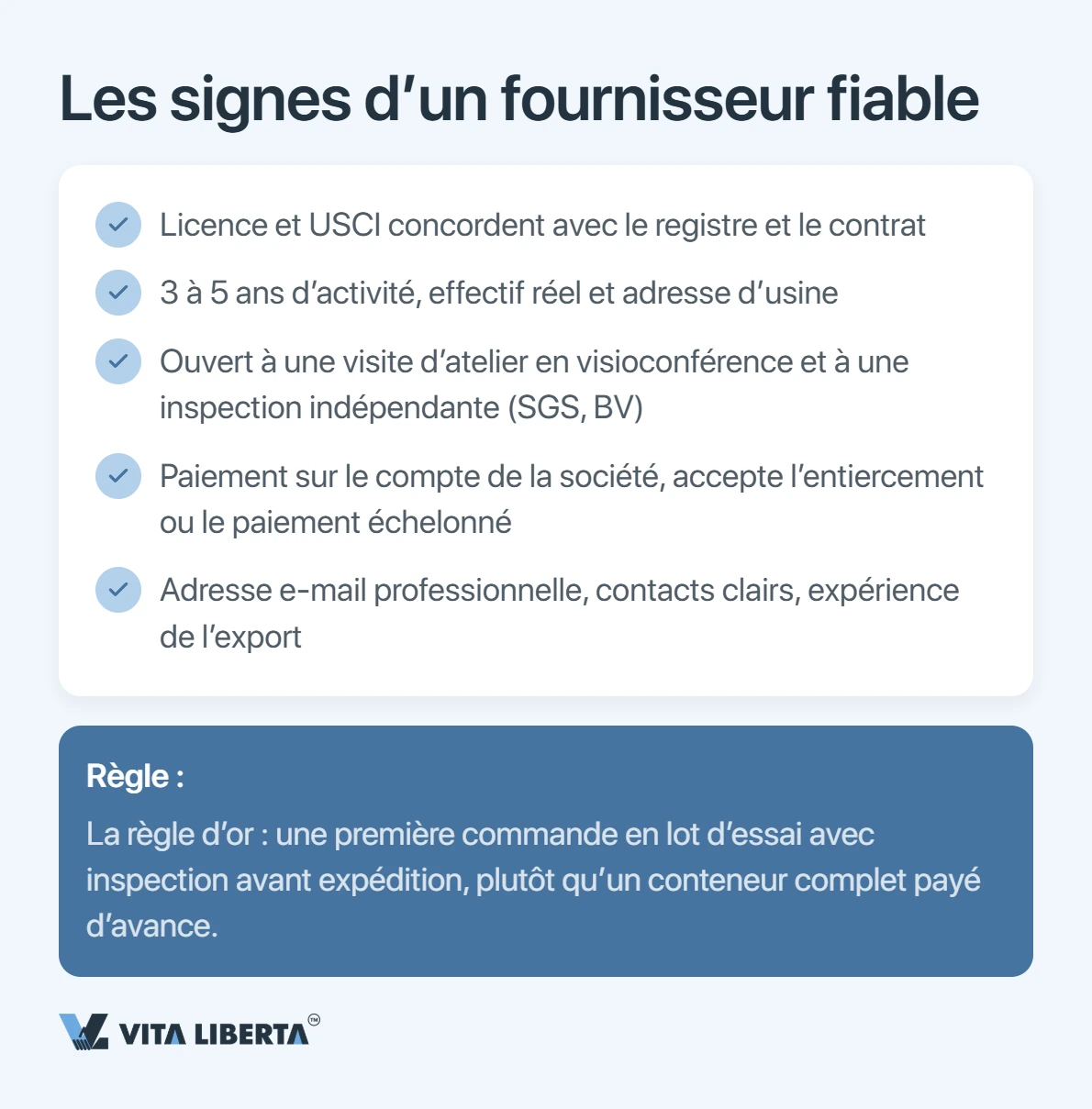 Due diligence fournisseur en trois niveaux : filtrage sur plateforme, documents d'immatriculation, audit d'usine sur site
