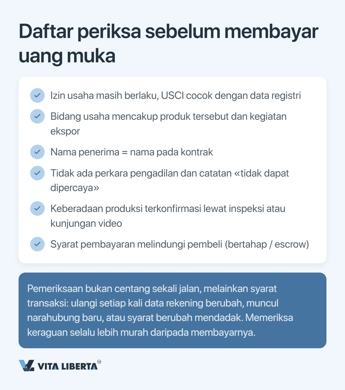 Verifikasi supplier tiga lapis: penyaringan marketplace, dokumen registrasi, audit pabrik di lokasi