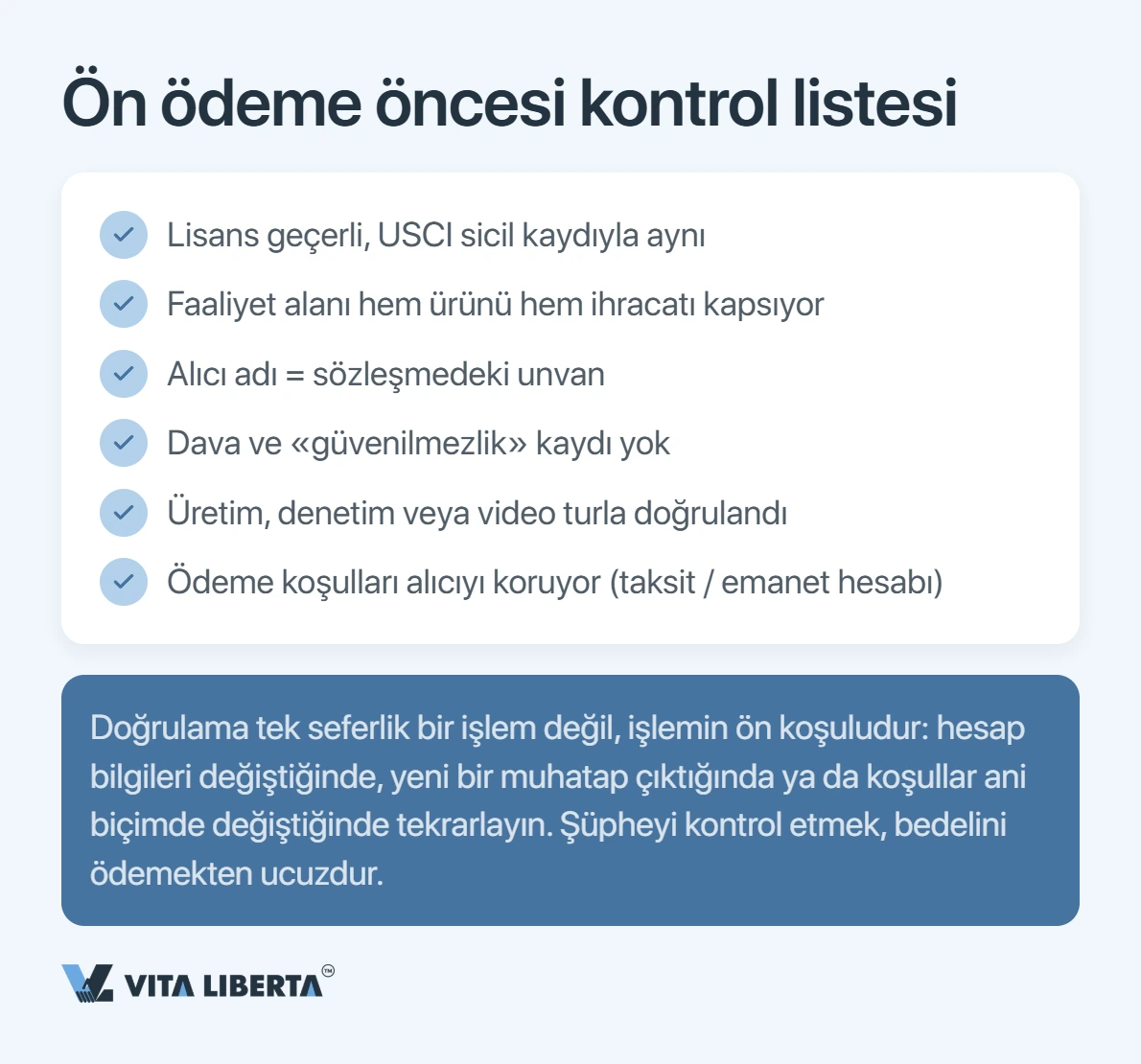 İthalatçı, ödemeden önce Çinli tedarikçinin işletme ruhsatını ve 18 haneli sosyal kredi kodunu NECIPS kaydıyla karşılaştırıyor