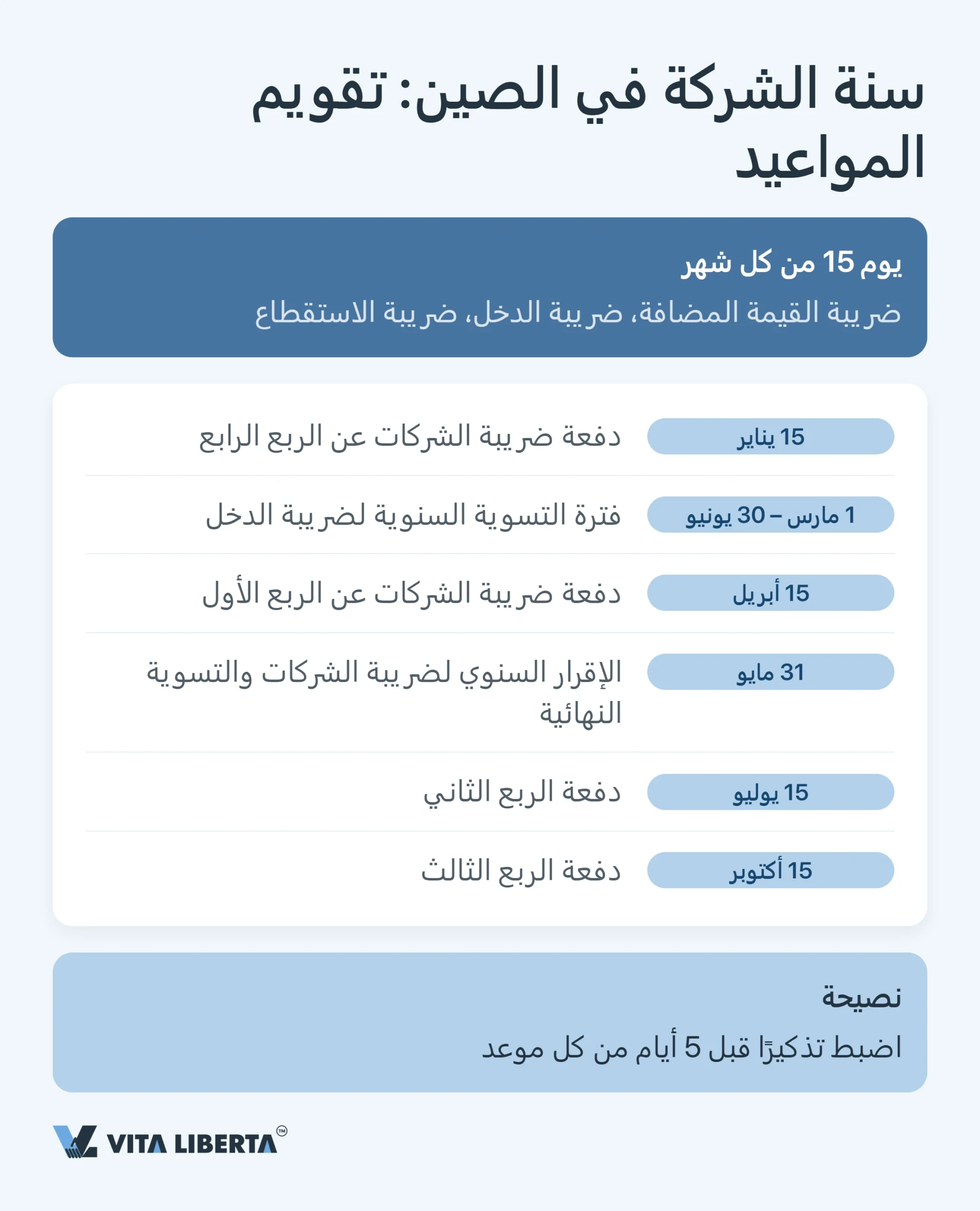 التقويم الضريبي للشركات في الصين: مواعيد 2026 كاملة